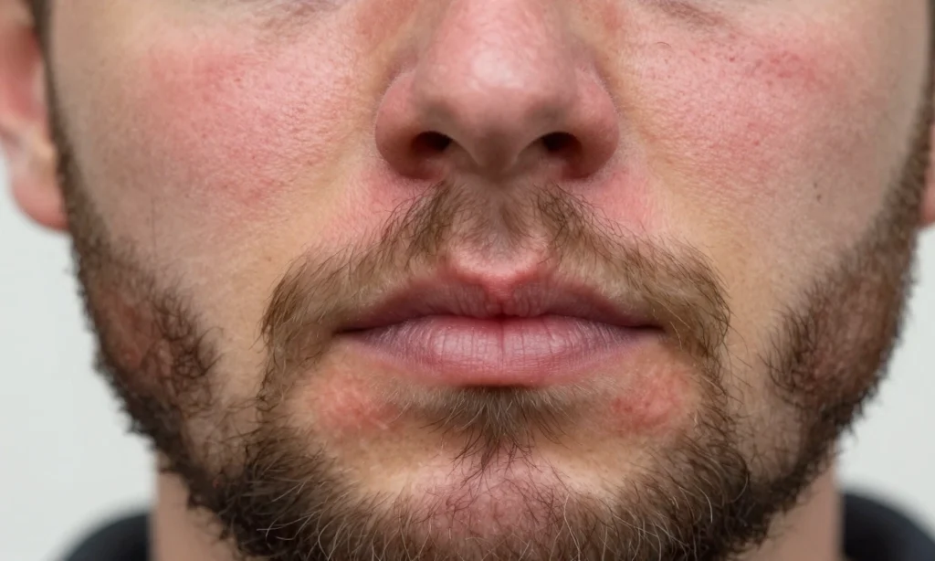 A close-up of a man's face with a full beard, showing red, irritated skin underneath the beard due to cold wind and winter weather, with visible dryness and slight inflammation on the cheeks and jawline, soft natural lighting, realistic skin texture, no text or symbols