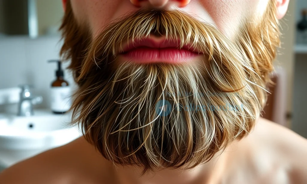 A close-up of a well-groomed beard with healthy, smooth tips showing no split ends, illuminated by soft natural light, emphasizing texture and shine, with a subtle background of a bathroom sink and grooming tools like a beard oil bottle and comb, all in a clean, realistic, high-detail style