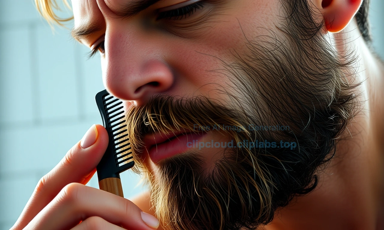 A close-up of a man's face with a slightly messy beard sticking out after waking up, holding a beard comb and looking at himself in a bathroom mirror, soft morning light, realistic style, detailed facial hair and skin texture