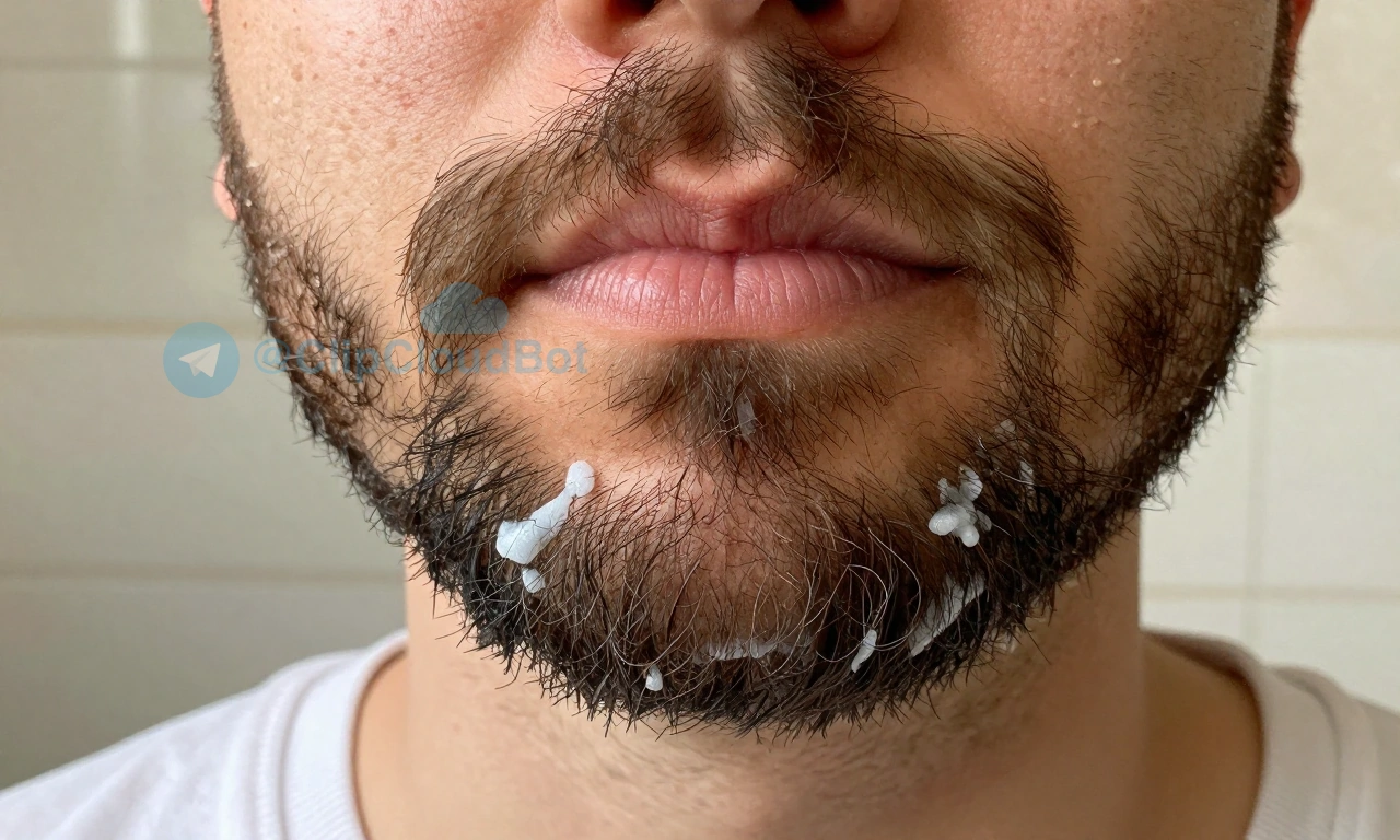 A close-up of a man's beard with visible flyaway hairs and lack of hold throughout the day, showing uneven application of beard wax — some areas clumped, others dry and uncoated, on a neutral bathroom counter with natural morning light, no text or labels present