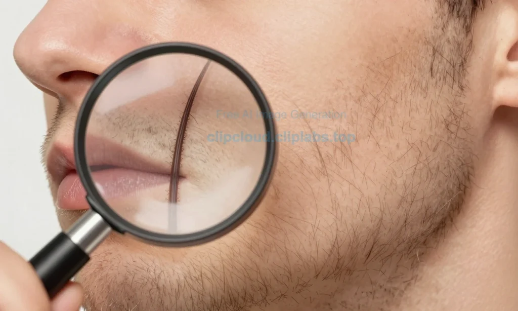 A close-up illustration of a human face showing detailed facial hair follicles under magnification, with one side depicting a freshly shaved area and the other side showing natural beard growth, emphasizing the biological process of hair follicle activity and debunking the myth that shaving affects beard thickness or growth rate, scientific and educational tone, realistic skin texture, subtle lighting to highlight follicular structures