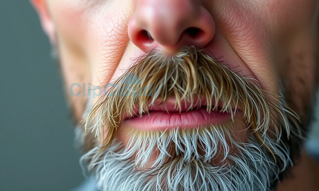 A close-up portrait of a man's face focusing on his beard, showing thin and sparse facial hair after illness, with visible skin underneath, soft natural lighting, realistic skin texture, no facial expression emphasizing sadness or distress