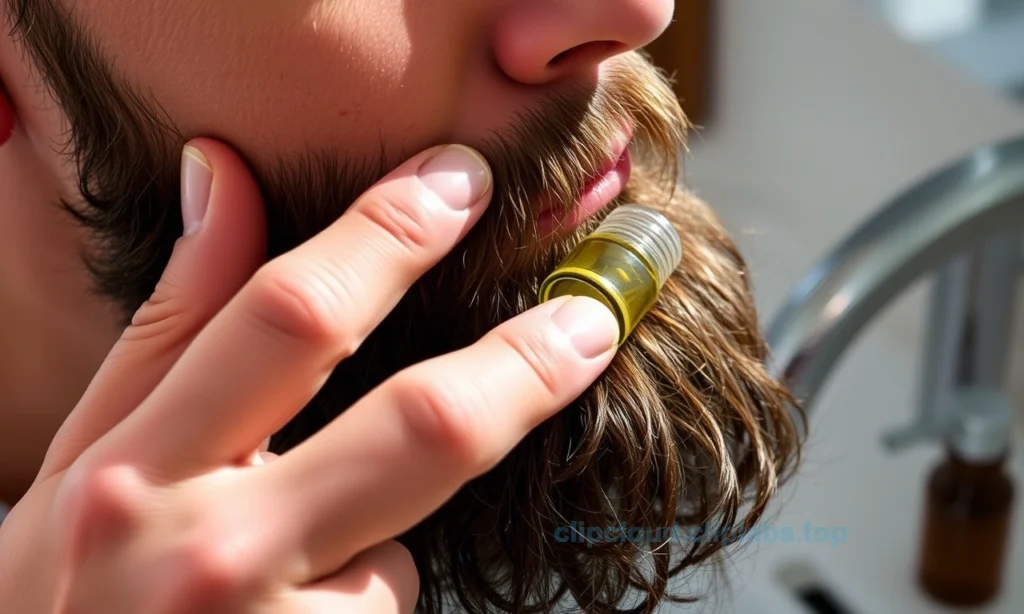 A close-up of a man's hands applying beard oil to a well-groomed beard, with droplets of oil glistening on the facial hair, soft natural lighting, a small glass bottle of beard oil nearby, subtle background of a bathroom sink with wooden accents, realistic skin texture and hair detail, no text or labels visible
