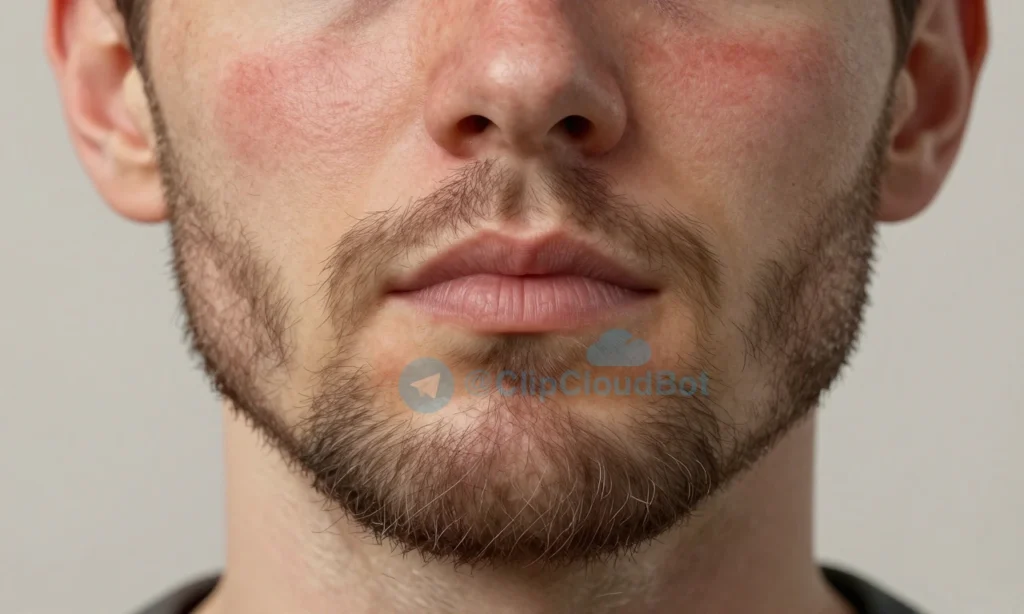 A close-up of a man's face showing a patchy beard with small clumps of facial hair falling out, set against a neutral background, with subtle signs of skin irritation or dryness in the affected areas, realistic lighting, high detail, medical illustration style