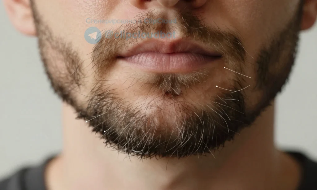 A close-up illustration of a man's beard with individual hairs sticking out in various directions, showing frizz and flyaways, with subtle visual cues like tiny arrows or motion lines indicating the direction of stray hairs, soft natural lighting, realistic skin texture, and a neutral background to emphasize the beard details