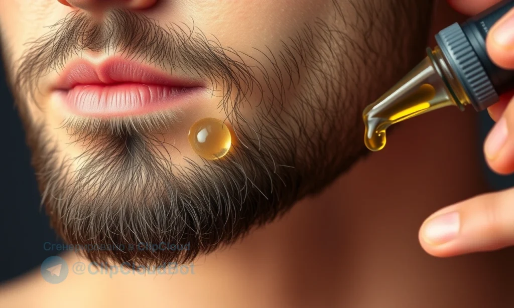 A close-up illustration of healthy facial skin under a beard, showing no redness or inflammation, with gentle cleansing droplets of water and natural beard oil being applied, soft lighting, realistic skin texture, no visible irritation, focusing on the area beneath the beard where skin meets hair follicles