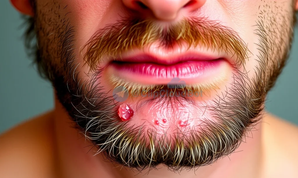 A close-up of a man's face showing the skin under a short beard, slightly red and tight, with visible signs of irritation and dryness, natural lighting, realistic skin texture, no text or symbols, no clothing visible, focus on the jawline and chin area