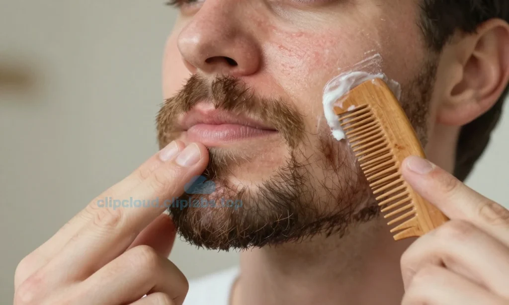 A close-up illustration of a man's face with a well-groomed beard, showing proper beard care steps: applying beard oil with fingertips, gently combing with a wooden comb, and moisturizing the skin underneath with a non-greasy balm. The skin beneath the beard appears healthy, hydrated, and free of irritation, redness, or flakiness. Soft natural lighting highlights the texture of the beard and skin. Background is blurred and neutral, focusing attention on the grooming process and skin health.
