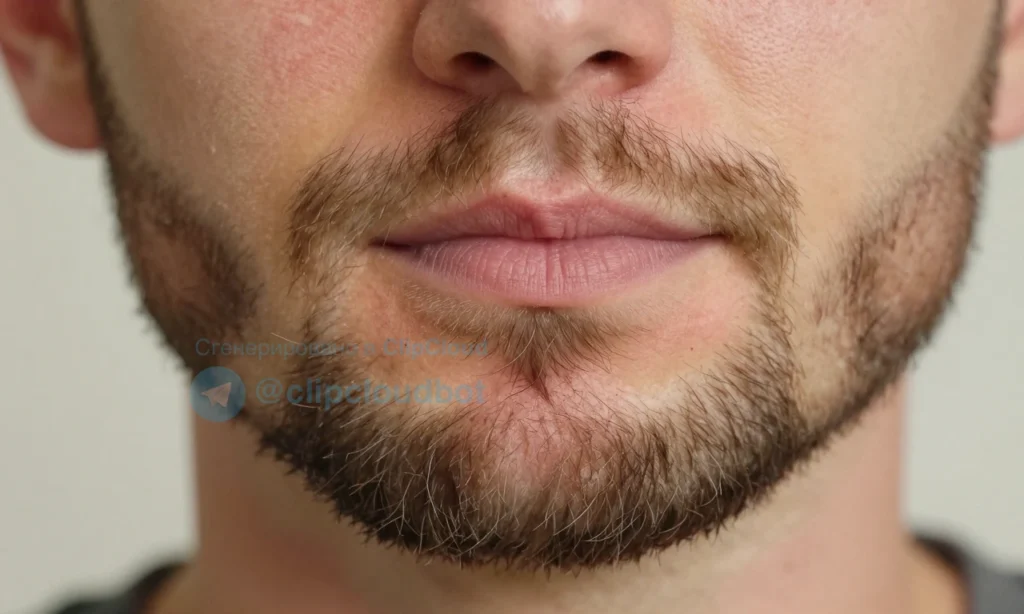A close-up of a man's face with a well-groomed beard, showing subtle dryness and mild redness under the beard hair, with a soft focus on the skin texture; no visible scratching, no flakes, no irritation marks — just a natural, slightly uncomfortable skin condition under facial hair, warm lighting, realistic skin tones, high detail