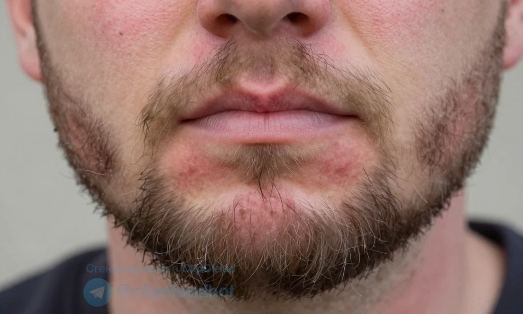 A close-up of a man's face with a full beard, showing mild skin irritation under the beard due to wind and cold — redness, dry patches, and slight flaking visible on the jawline and neck, with subtle wind-blown strands of beard hair and faint frost crystals on the outer edges of the beard, soft natural lighting, realistic skin texture, no text or symbols