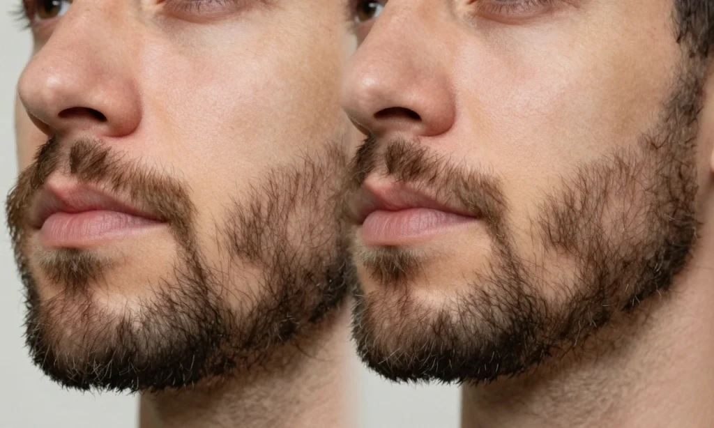 A close-up of a man's face with a full beard, one side of the face showing the beard intact and the other side freshly shaved, highlighting the contrast in hair density and skin texture, soft natural lighting, realistic skin pores and facial hair detail, no text, no symbols, no clothing visible