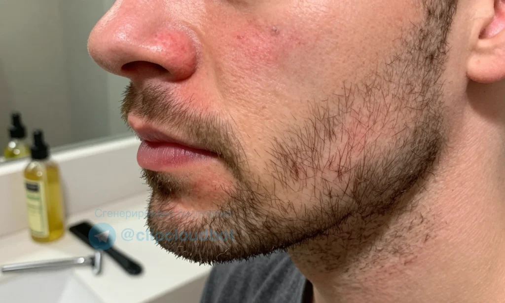 A close-up of a man's face with a beard, showing red pimples and skin irritation on the skin beneath the beard, with visible grooming products like beard oil, comb, and razor nearby on a bathroom counter, soft natural lighting, realistic skin texture, no text or symbols