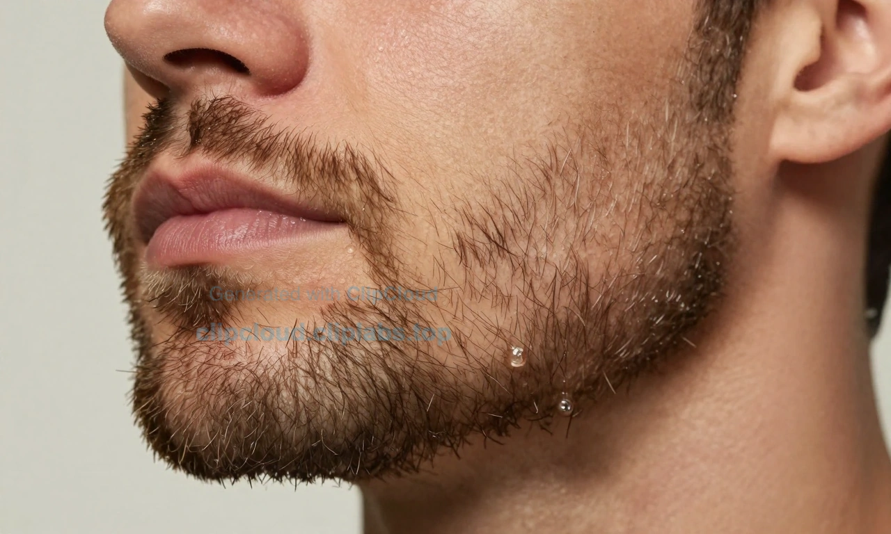 A close-up of a man's face showing a stiff, prickly beard with visible irritation, transitioning to a softer, well-groomed beard after applying natural beard oil, with subtle droplets of oil on the hair and gentle steam suggesting warmth and absorption, all in soft natural lighting, realistic skin texture, no text or symbols