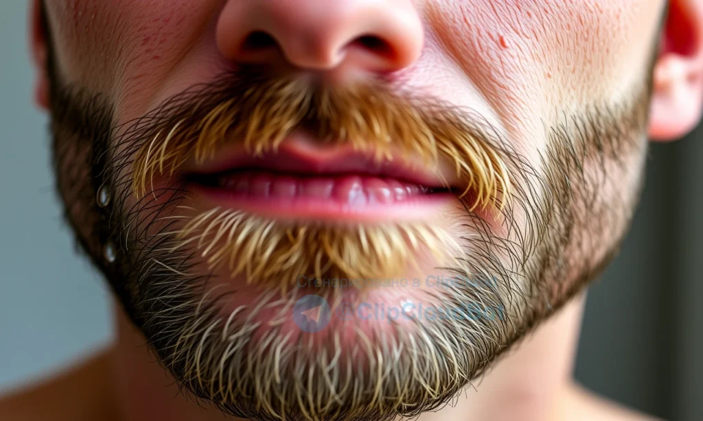 A close-up of a man's face showing the skin under a short beard, with visible redness and inflammation on the skin beneath the beard hairs, droplets of water still clinging to the beard after washing, soft natural lighting, realistic skin texture, no text or symbols
