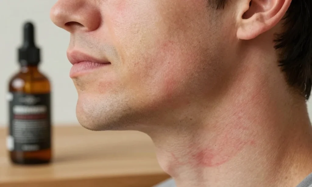 A close-up of a man's face showing mild skin redness on the jawline and neck after using beard oil, with a small bottle of beard oil nearby on a wooden surface, soft natural lighting, realistic skin texture, no text or symbols visible