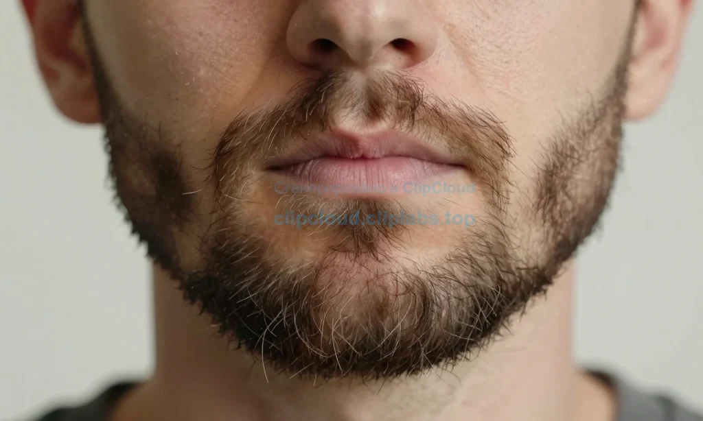 A close-up of a man's unruly beard with individual hairs sticking out in various directions, showing frizz and flyaways, soft natural lighting on a neutral background, realistic skin texture and facial hair detail, no text, no symbols, no letters, no digits