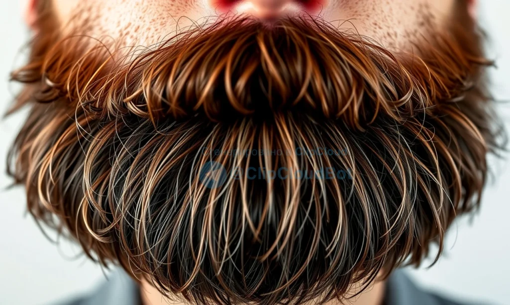 A close-up of a well-groomed beard with two distinct sections: one side showing a light application of beard wax for hold and shape, the other side showing beard balm for moisture and softness, both applied naturally without visible residue, on a neutral background with soft, even lighting to highlight texture and shine