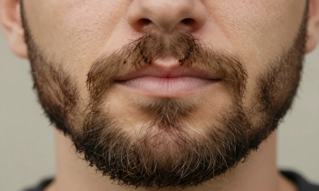 A close-up of a man's face with a healthy, well-groomed beard showing natural shine and strength, soft natural lighting highlighting individual beard hairs, subtle skin texture visible underneath, no visible damage or split ends, warm earthy tones, realistic photography style, shallow depth of field focusing on the beard