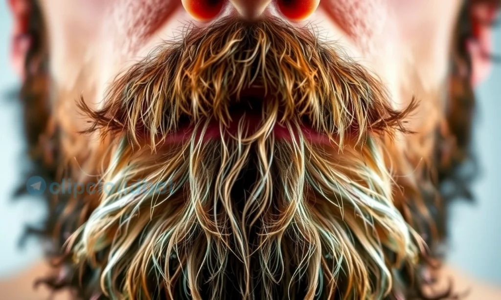 A close-up of a man's beard showing oily roots and dry ends, with visible contrast between greasy hair near the skin and brittle, frizzy tips, soft natural lighting, realistic skin texture, no text or symbols