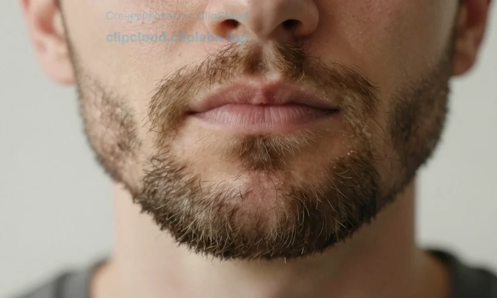 A close-up of a man's beard showing signs of brittleness and dullness: dry, split ends, lack of shine, coarse texture, with subtle flaking or dandruff-like particles visible on the facial hair, set against a soft neutral background to emphasize the beard's condition