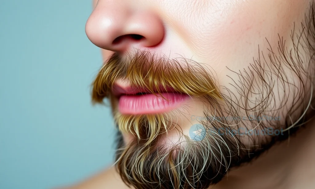 A close-up of a well-groomed beard and mustache on a man's face, showing clean, healthy facial hair with subtle natural shine, soft lighting highlighting texture, no visible dirt, odor symbols, or stains, set against a neutral blurred background to emphasize freshness and care