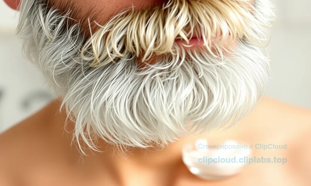 A close-up of a man's silver beard with subtle yellowish tones being gently treated with a natural whitening solution, showing soft light reflecting off the hairs, no dye or color application visible, clean bathroom setting with a small bowl of baking soda and hydrogen peroxide nearby, focus on texture and natural hair care, realistic skin and beard detail