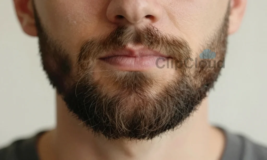A close-up of a well-groomed beard with a few loose hairs naturally falling out, held gently in a man's hand against a soft, neutral background. The beard is thick, healthy, and neatly trimmed, showing subtle texture and natural variation in hair density. No bald patches, irritation, or excessive shedding — just the normal, minimal hair loss expected in a healthy beard growth cycle. Soft, natural lighting enhances the realism and warmth of the scene.