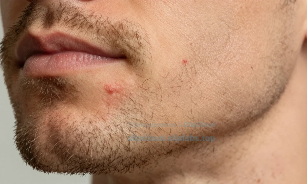 A close-up of a well-groomed male beard with visible ingrown hairs causing small red bumps and inflammation, showing skin irritation and trapped hairs beneath the surface, soft natural lighting, high detail, realistic skin texture, no text or symbols