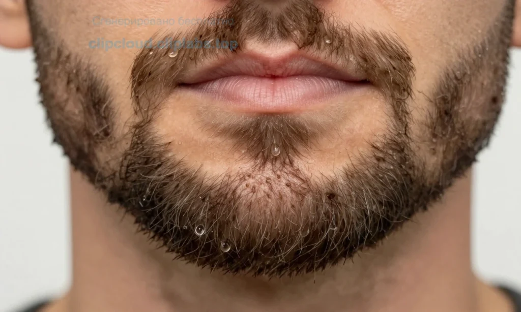 A close-up of a well-groomed beard with natural oil droplets glistening on the facial hair, showing healthy skin underneath, soft lighting, realistic texture, no text or symbols, no labels, no packaging, no bottles, no hands, just the beard and skin in sharp focus