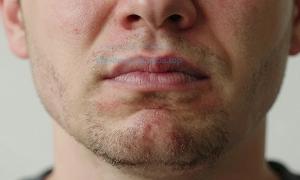 A close-up of a man's face showing the skin under a short beard, slightly red and tight, with visible discomfort; the beard is neatly trimmed, the skin appears dry and irritated, soft natural lighting, realistic skin texture, no text or symbols