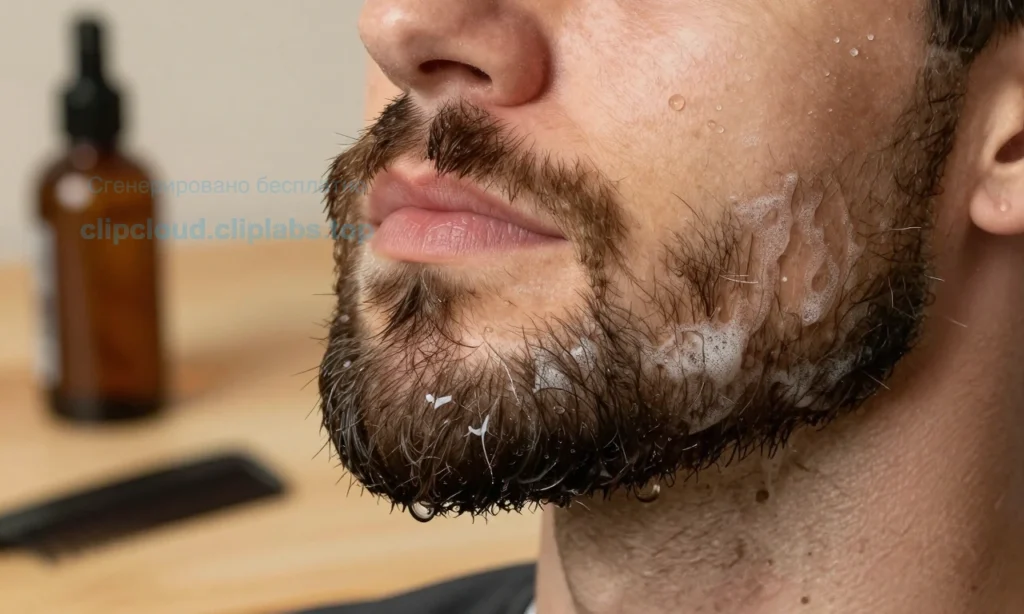 A close-up of a well-groomed beard with visible droplets of water and foam from recent washing, showing clean, healthy facial hair under soft natural lighting, with a barber's comb and natural beard oil bottle nearby on a wooden surface, emphasizing hygiene and care