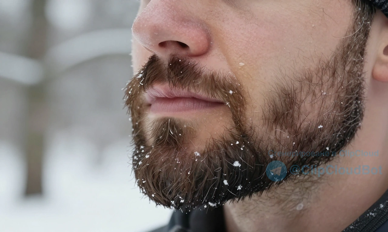 A close-up of a well-groomed winter beard with soft, healthy facial hair, slightly frosted with delicate snowflakes, moisturized and shiny from beard oil, set against a blurred snowy forest background in soft daylight, emphasizing hydration and care, no text or symbols
