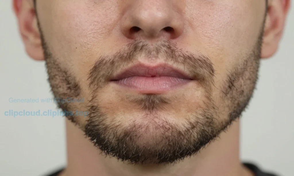 A close-up of a man's face showing a patchy, uneven beard after a bad haircut, with visible gaps and irregular growth, set against a neutral background, natural lighting, realistic skin texture, no text or symbols
