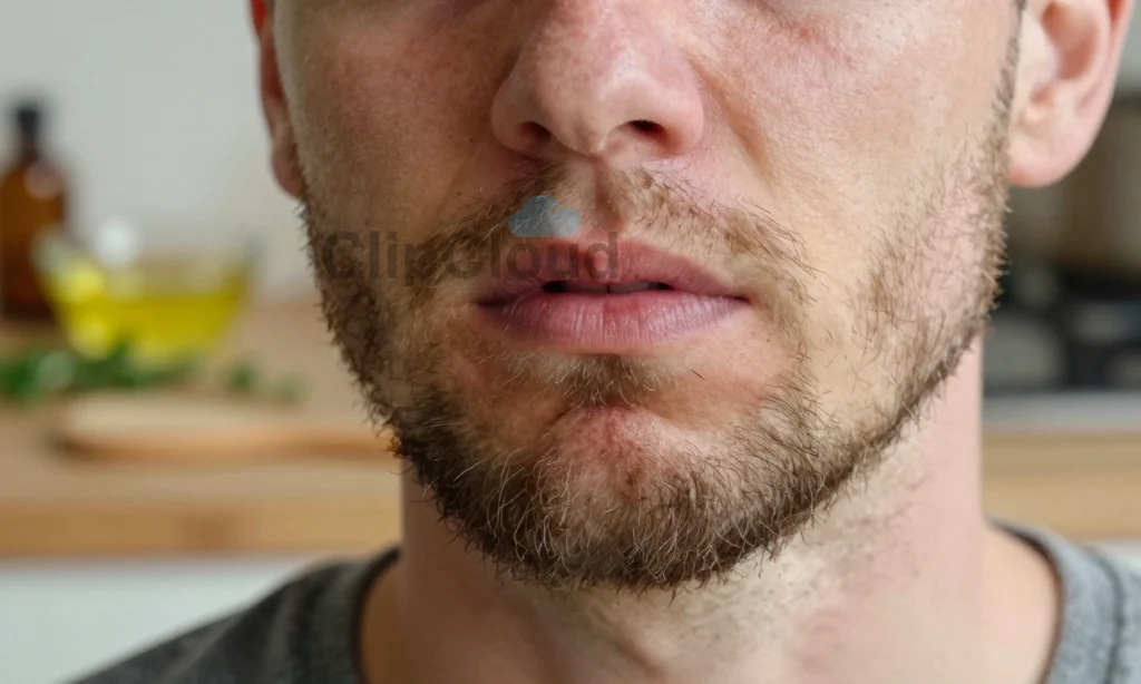 A close-up of a man's face with a coarse, prickly beard, showing visible irritation and discomfort, with natural lighting highlighting the texture of the facial hair; in the background, subtle hints of home remedies like a small bowl of natural oil, a wooden comb, and a sprig of herbs on a rustic kitchen counter, all softly blurred to emphasize the beard as the main subject