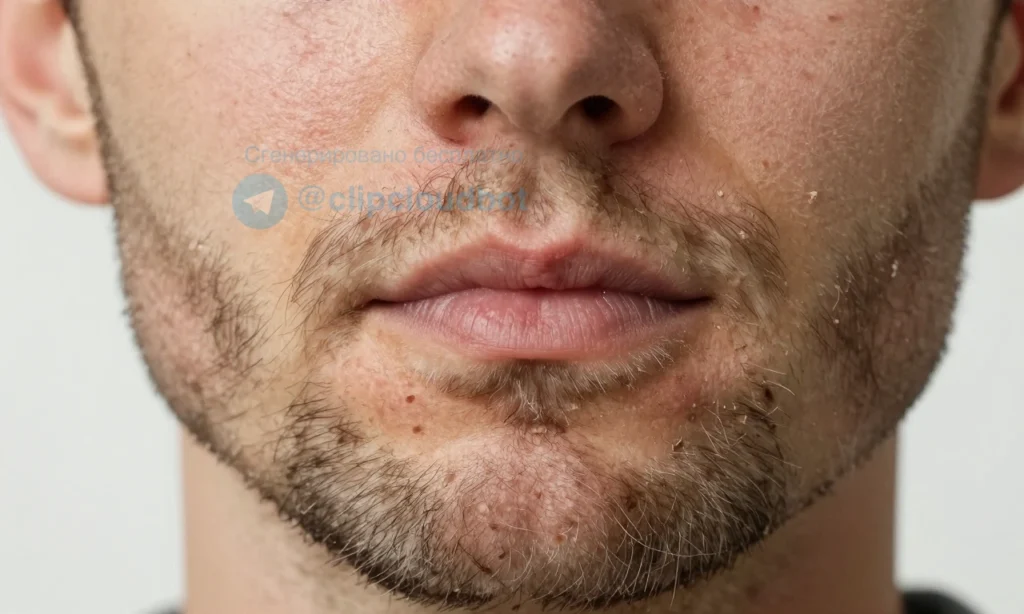 A close-up of a man's face and beard showing visible flaky skin (dandruff) on the beard and facial skin, with gentle lighting highlighting the texture of dry, irritated skin and white flakes caught in the beard hairs, natural skin tones, no text or symbols, realistic dermatological detail