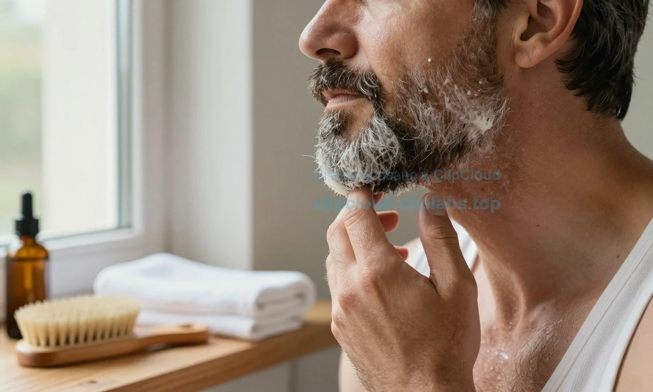 A close-up portrait of a mature man in his 30s with a well-groomed, full beard, standing in soft natural light near a window. He is gently touching his beard with one hand, showing care and attention. His skin appears healthy, slightly textured with subtle signs of aging, and his beard is thick, neatly trimmed, and well-moisturized. On a wooden surface beside him: a beard oil bottle, a boar bristle brush, and a small towel. The atmosphere is calm, warm, and reflective — emphasizing self-care and