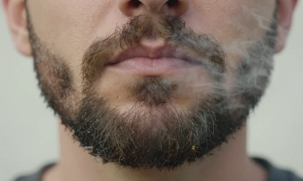 A close-up of a man's beard with visible tobacco smoke particles lingering in the hair, soft natural lighting, realistic texture of facial hair, subtle yellowish discoloration from smoke residue, no text or symbols, no smoke clouds in background, focus on beard detail only