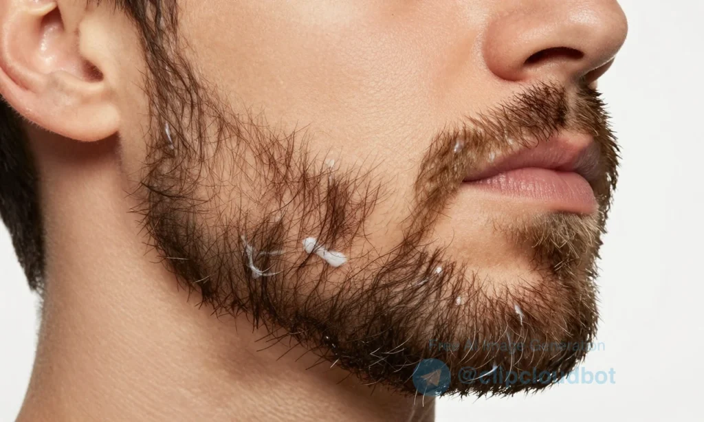 A close-up of a man's well-groomed beard with visible wax residue and strands falling out of shape, showing poor hold throughout the day; on a clean white background, with subtle shadows to emphasize texture, no text, no logos, no additional objects — just the beard and wax imperfection