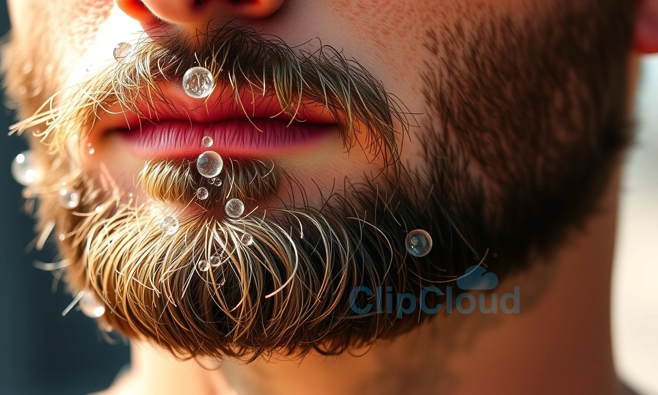 A close-up of a well-groomed beard on a man's face in hot weather, showing light sweat droplets being repelled by natural beard oil, with a subtle cooling mist effect in the air, soft natural daylight, clean skin underneath, no visible irritation or odor indicators, focus on healthy hair texture and hydration