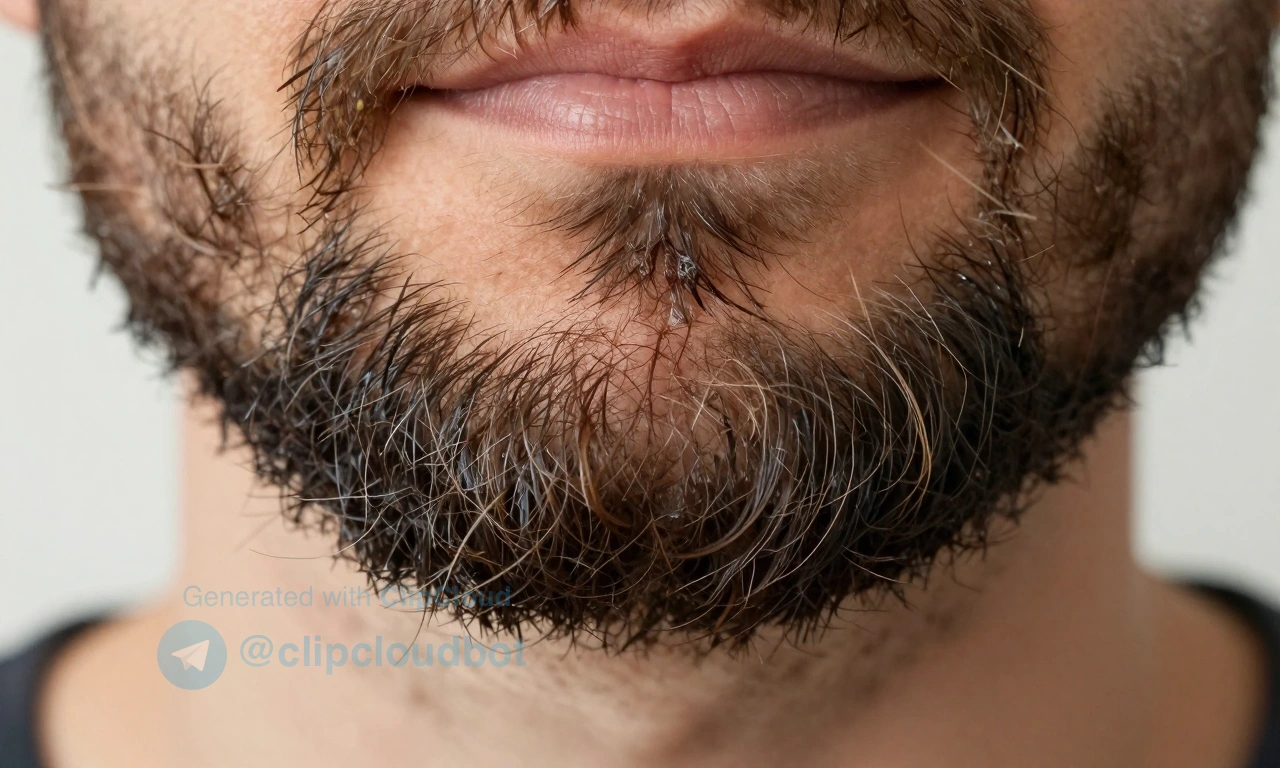 A close-up of a man's beard with oily roots and dry ends, showing visible contrast between greasy hair near the skin and brittle, frizzy tips, soft natural lighting, high detail, realistic texture, no text or symbols