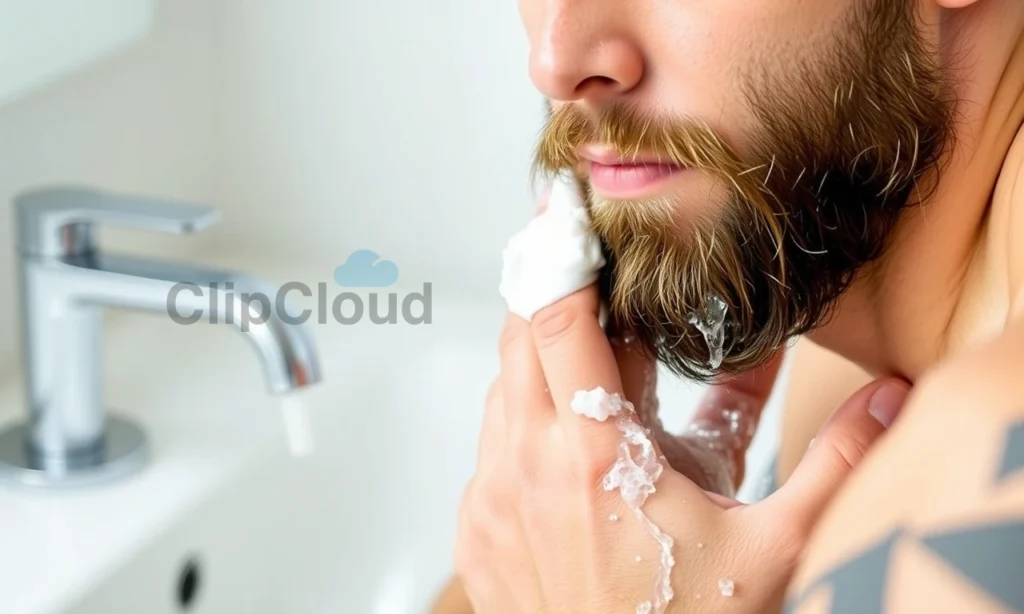 A close-up of a man's beard being gently washed with warm water and mild soap in a bathroom sink, showing the process of removing beard wax without residue, clean skin and facial hair, soft natural lighting, no visible wax flakes or greasy buildup
