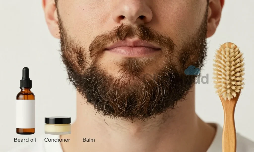 A close-up of a well-groomed beard with split ends visible on individual hairs, showing a comparison of popular beard care methods: beard oil, balm, conditioner, and a soft-bristle brush, arranged in a clean, minimalist layout with subtle icons and labels in a neutral background, emphasizing natural texture and healthy hair tips without any text or numbers visible on the image itself