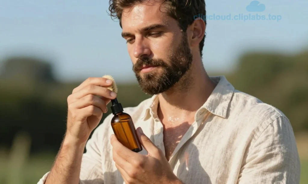 A well-groomed man with a neatly trimmed beard, standing outdoors in warm summer sunlight, lightly sweating but with no visible odor or discomfort, wearing a light linen shirt, holding a natural beard oil bottle and a soft brush, background shows blurred greenery and a clear blue sky, focus on beard care in heat — clean, fresh, realistic, no text or symbols