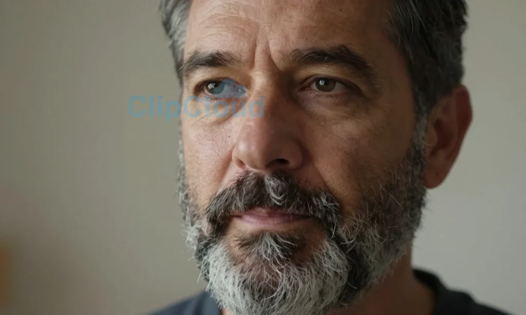 A close-up portrait of a middle-aged man with a well-groomed beard showing early signs of graying, while his scalp hair remains darker; soft natural lighting highlights the texture of facial hair, subtle skin details, and a calm, thoughtful expression; background is blurred and neutral to emphasize the beard; no text, symbols, or logos present