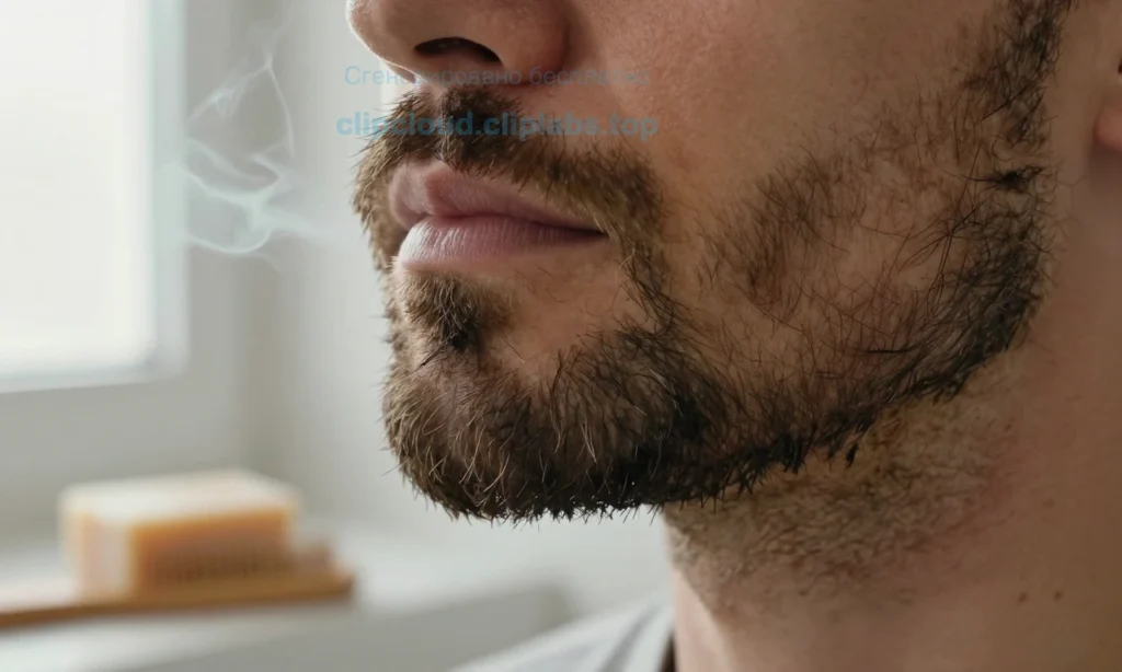 A close-up of a man's beard with visible tobacco smoke residue, showing strands of facial hair slightly discolored and emitting faint grayish smoke wisps, set against a clean, neutral bathroom background with a wooden comb and natural soap bar nearby, soft morning light from a window, realistic skin texture, no text or symbols