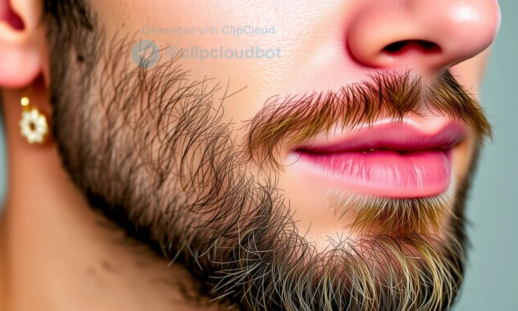 A close-up of a man's face with a well-groomed beard, showing healthy skin underneath, with subtle signs of proper beard care: clean shaving lines, no redness or irritation, natural skin texture visible through the beard, soft lighting highlighting skin health and beard shine, background blurred to focus on facial skin and beard quality