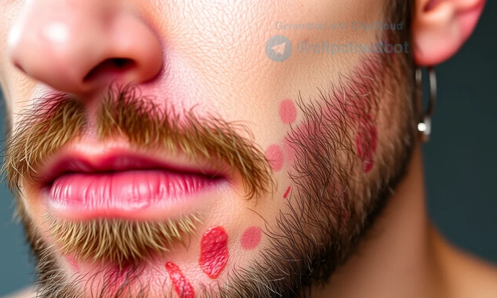 A close-up of a man's face showing the skin under the beard, slightly reddened and tight, with subtle signs of irritation or dryness, no visible rash or infection, natural lighting, realistic skin texture, focus on the jawline and chin area where beard grows, no facial hair obscuring the skin view, soft shadows, high detail, medical-illustration style but photorealistic