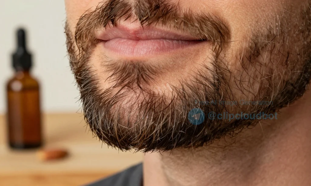 A close-up of a well-groomed beard with dry, split ends visible on the tips, while the skin underneath appears healthy and normal — no redness, flaking, or irritation. The beard hairs are slightly frayed at the ends, showing lack of moisture, but the follicles and skin are clean and hydrated. Soft, natural lighting highlights the texture of the hair and skin. In the background, a blurred wooden table with a few drops of beard oil (like argan, jojoba, or sweet almond) in a small glass dropper bot