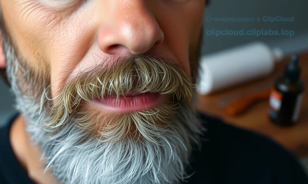 A close-up portrait of a middle-aged man with a well-groomed beard showing early signs of graying, while his scalp hair remains dark; soft natural lighting highlights the contrast between the silver strands in the beard and the darker hair on his head, subtle skin texture visible, no facial expressions of distress, calm and dignified appearance, grooming products like beard oil and comb faintly visible on a wooden surface in the blurred background