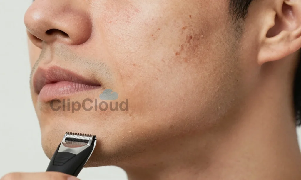 A close-up of a man's face showing dry, flaky skin on the jawline and chin after using a trimmer and shaving beard contours, with visible irritation and tightness, soft natural lighting, realistic skin texture, no text or symbols